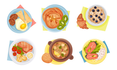 Meal Served on Plate with Napkin Rested Underneath it Top View Vector Set
