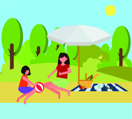 Fototapeta na wymiar A woman with a child rests in the summer by the lake. Concept of outdoor recreation. Cute flat illustration at the reservoir. Outdoor swimming