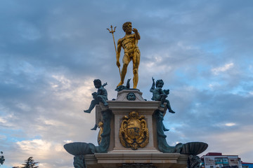 Batumi, Adjara/Georgia - August 05 2019:  The Neptune Statue is popular and touristic place for traveler.
