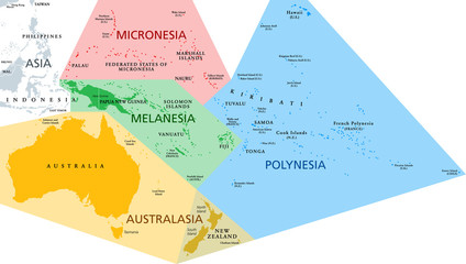 Regions of Oceania, political map. Colored geographic regions, southeast of the Asia-Pacific region including Australasia, Melanesia, Micronesia and Polynesia. English. Illustration over white. Vector - obrazy, fototapety, plakaty