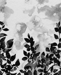 Hand painted plants. Decorative image for creative design of cards, invitations, banners, websites, posters, etc. Beautiful watercolour artwork. Black and white illustration.