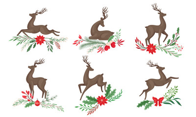 Brown Deer with Antlers and Winter Twigs and Flower Composition Beneath It Vector Set