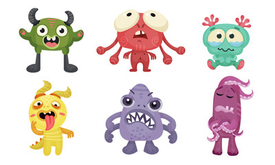 Big Eyed Monsters with Horns Expressing Emotions Vector Set