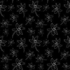 Scilla flowers. The first spring flowers hand drawn on black seamless pattern. Use for fabric, wrapping paper, wallpaper.