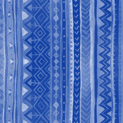 Blue tribal striped seamless pattern. Watercolor raster texture in ethnic style.