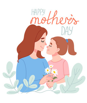 Happy mother's day. Child daughter congratulates moms and gives her flowers .Mothers day greeting card concept.Design for banner, posters, cards etc. Vector illustration.