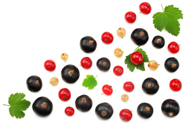 mix of red currant and black currant with green leaf isolated on a white background. healthy food. top view