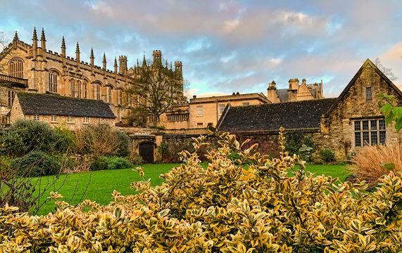 The View Of Christ Church Buildings: Great Dining Hall And Bodley Tower From The Memorial Gardens. Oxford University. England