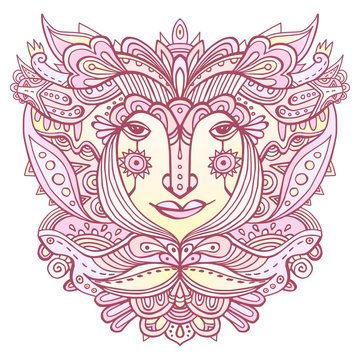 Colorful ornate face of a fairytale princess. Hand-drawn ethnic ornate godess. Tribal boho tattoo. Vector illustration. Woman face surrounded by flower petals and ornaments.