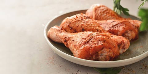Raw chicken in a plate. Marinated meat, with oregano, herbs and paprika. Raw chicken legs, step by step cooking. Close-up, gray light background. free place for text.