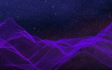 Abstract ultraviolet landscape on a dark background. Purple cyberspace grid. hi tech network. Outer space. Violet starry outer space texture. 3D illustration