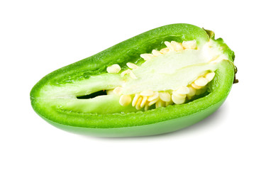 sliced jalapeno peppers isolated on white background. Green chili pepper. Capsicum annuum.