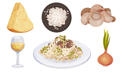 Mushroom Risotto Served on Plate with Ingredients Around Vector Set