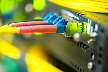 Network technology, fiber optic patch cord cable connected to switch in data center, close-up with...