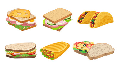Subs and Sandwiches of Black and Wheaten Bread with Various Ingredients Vector Set