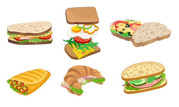 Subs and Sandwiches of Black and Wheaten Bread with Various Ingredients Vector Set