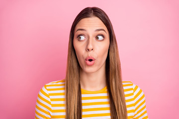 Close-up portrait of her she nice attractive lovely pretty amazed stunned worried cheerful...