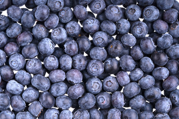 Fresh blueberries background. Texture juicy blueberry berries close up. Healthy eating or nutrition. Vegan and vegetarian concept. Top view, from above