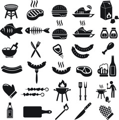 Barbecue summer vector icon set - illustrations such as hamburgers, sausage, grill, charcoal, fish, steak and others.