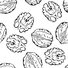 Walnut seamless pattern. Black-white outline illustration. Vector monochrome silhouettes of nuts. Food  simple background.