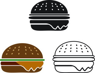Hamburger, burger sandwich vector icon set, black white and color