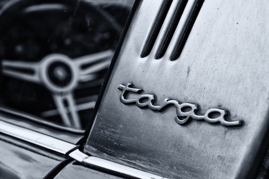 BERLIN, GERMANY - MAY 11: Detail of the Porsche 911 Targa 2,4 T close-up, (Black and White), "26. Oldtimer-Tage Berlin-Brandenburg", May 11, 2013 Berlin, Germany