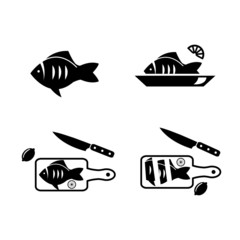 Fish on cutting board with knife vector icon set