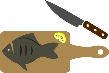 Obraz premium Fish on cutting board with knife vector icon