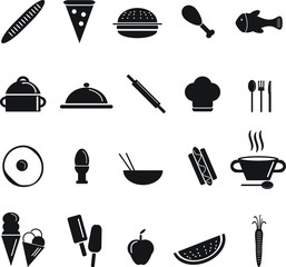 Cooking kitchen food vector icon set, bread, fish, steak, fork, egg, toaster and other icons