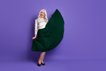 Full length body size view of her she nice attractive charming fashionable cheerful grey-haired...