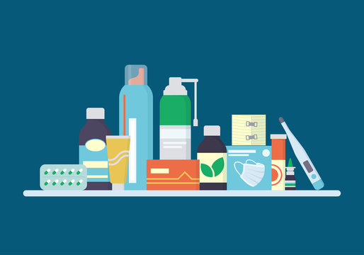 Drugs, pills, drops and tincture bottles are on the shelf. Medicines for the treatment of the cold, virus and flu. Vector illustration in flat style on dark blue background