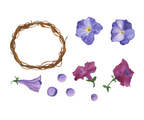 Watercolor set of petunia flowers and boho wreath twig isolated on white background. Purple petunia and brown wreath for greeting, wedding cards, print, poster, banner. Summer time. Clip art.