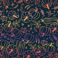 Beautiful pumpkin halloween thanksgiving seamless pattern, cute cartoon pumpkins hand drawn background, great for seasonal textile prints, holiday banners, backdrops or wallpapers - vector surface