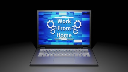 8K 3D rendered isolated Laptop with Work From Home Abstract Screen Display on the floor in the Dark room with one light source (middle)