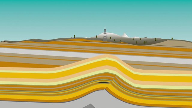 3D rendered schematic of oil well boring down to geological oil layer