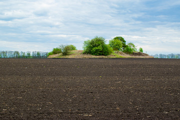 Mound of Scythian times located in middle of an agricultural plowed field with black fertile soil,...