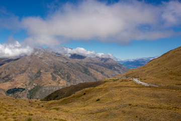 Cardrona Valley Road, Cardrona Pass with view towards Queenstown, New Zealand