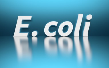 Large bold white word E. coli standing for Escherichia coli microorganism microbe name on blue background. 3d illustration.