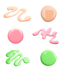 Set of different nail polishes on white background