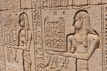 Hieroglyphic carvings on an ancient egyptian temple wall