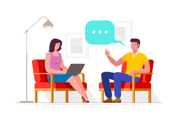 Blogging, live streaming. Interview content for posting on social networks. Cartoon vector illustration