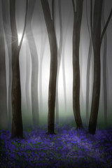 Fantasy Bluebell Wood Illustration, with mist, sunlight and silhouetted trees