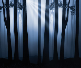 Moonlit Misty Fantasy Illustration, with rays of light through sillhouetted trees