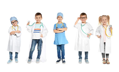 Collage of cute little children wearing doctor uniform costumes on white background. Banner design