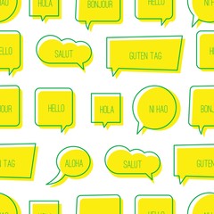 Bright outline Speech Bubbles. Hello in Different languages. Various greetings. Graphic Vector illustration. Cartoon Comic style. Simple, minimal design. Seamless pattern. Background, wallpaper. 