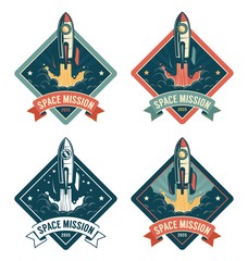 Rocket start in space vintage badge. Spaceship retro emblem. Vector illustration. © Agor2012