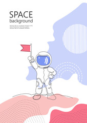 Astronaut with flag in hand. One line drawing. Continuous line.