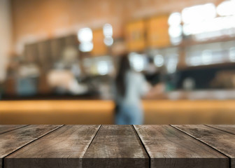 Wooden top table with bokeh light effect and blur restaurant on background, blur background, 3D Rendering