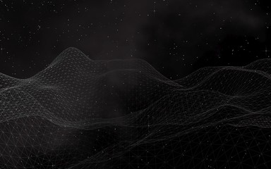 Black abstract background. Hi tech network. Cyberspace grid. Outer space. Starry outer space texture. 3D illustration