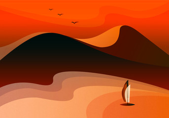 Abstract mountain landscape with sunrise and sailboat